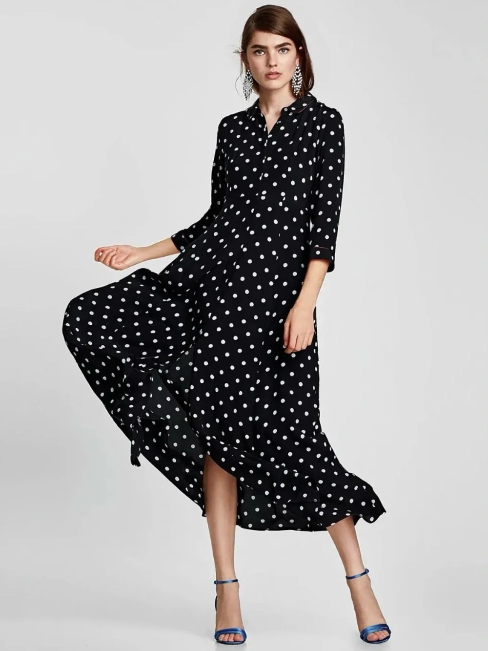 ZARA Woman Premium Collection Polka Dot Maxi Dress Black White Red Trim Size S - Picture 3 of 13
